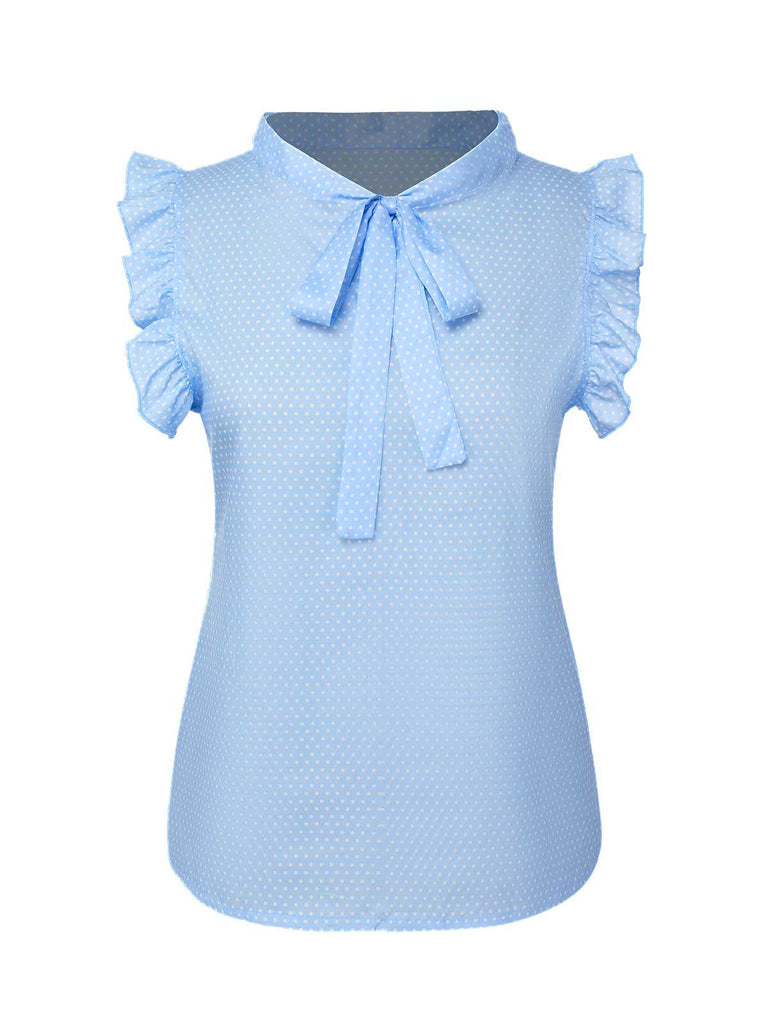 Blau 1960er Krawattenhals Polka Dots Rüschen Bluse