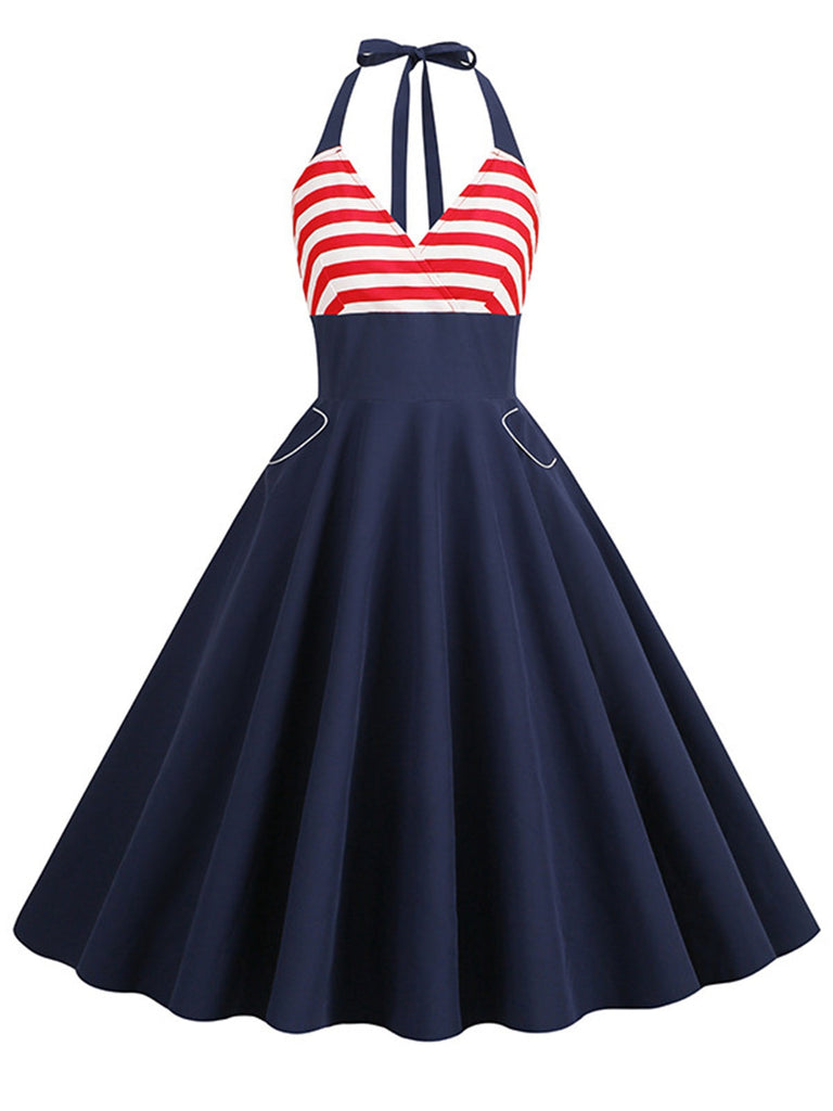 Dunkelblau 1950er Rot & Weiß Streifen Halter Kleid