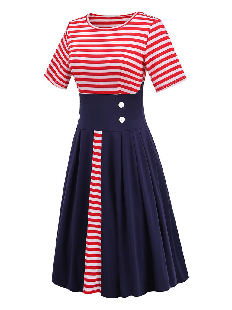 Rot & Blau 1970er Streifen Patchwork Swing Kleid