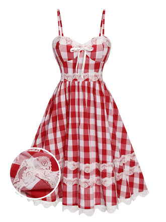 Rot 1950er Plaid Spitze Bogen Gurt Kleid