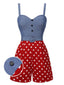 Blau 1960er Polka Dots Spaghetti Träger Romper