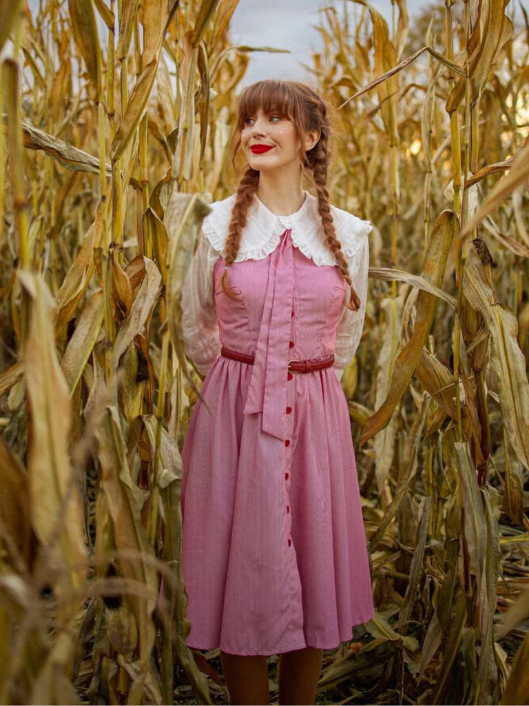 Rosa 1950er Nadelstreifen Krawattenkragen Kleid