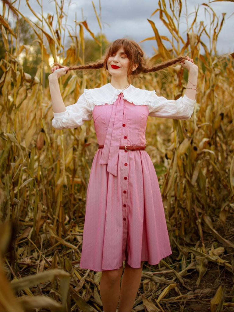 Rosa 1950er Nadelstreifen Krawattenkragen Kleid