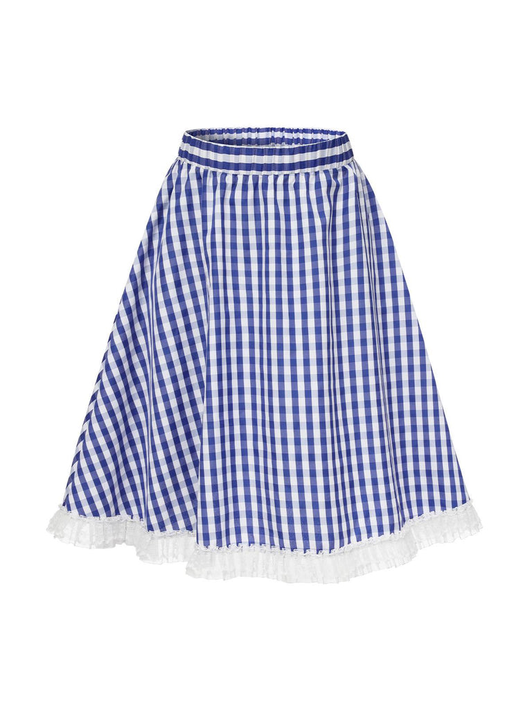 Blau & Weiß 1950er Spitze Patchwork Plaid Rock