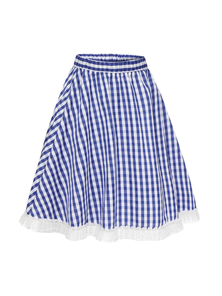 Blau & Weiß 1950er Spitze Patchwork Plaid Rock