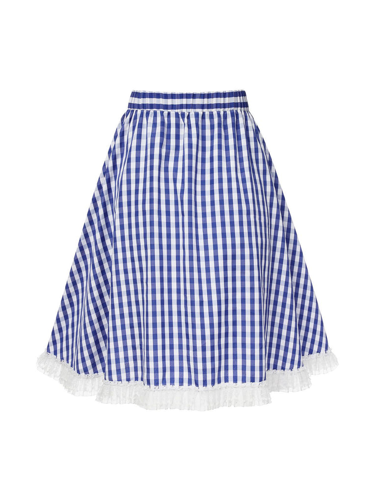 Blau & Weiß 1950er Spitze Patchwork Plaid Rock