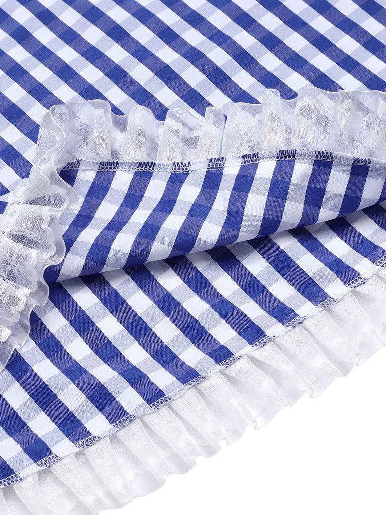 Blau & Weiß 1950er Spitze Patchwork Plaid Rock