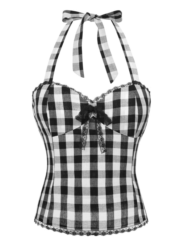 Schwarz 1950er Plaid Halter Spitze Bogen Top