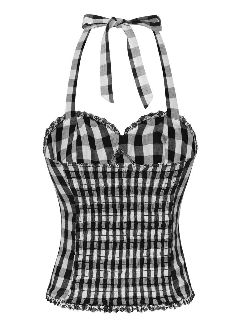 Schwarz 1950er Plaid Halter Spitze Bogen Top