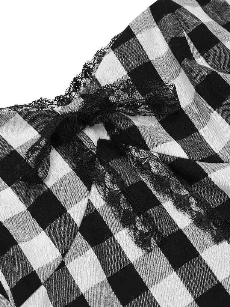Schwarz 1950er Plaid Halter Spitze Bogen Top