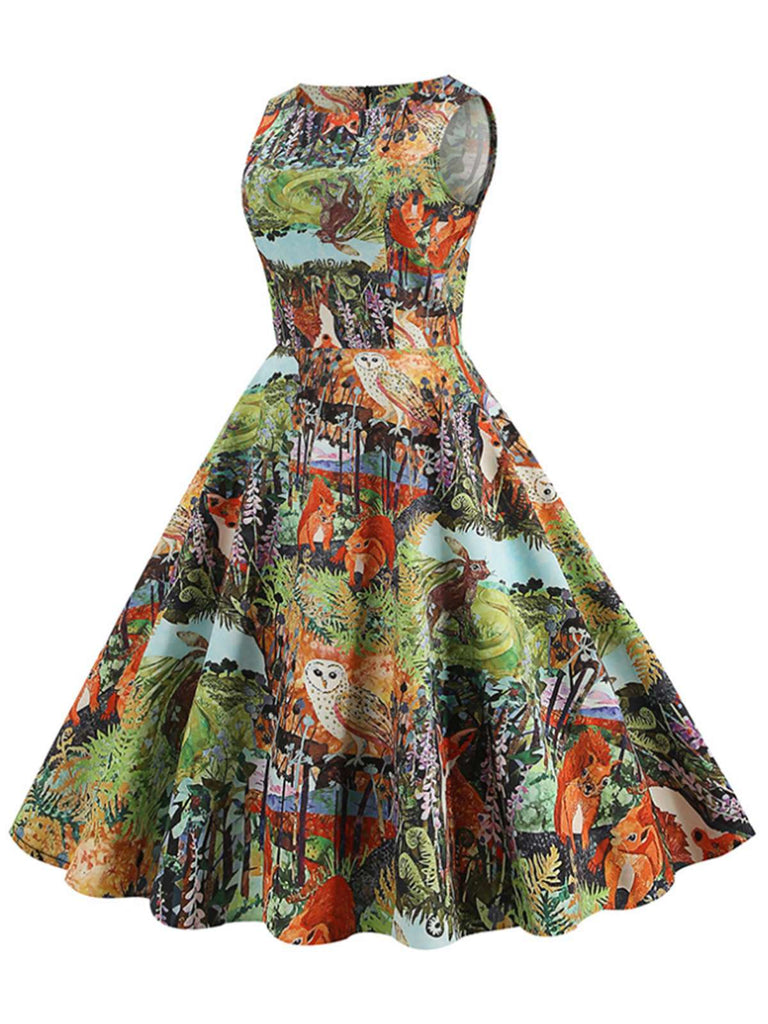 1950er Waldtier Allover Print Kleid