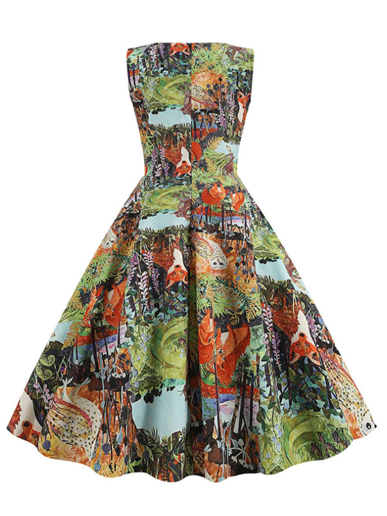 1950er Waldtier Allover Print Kleid