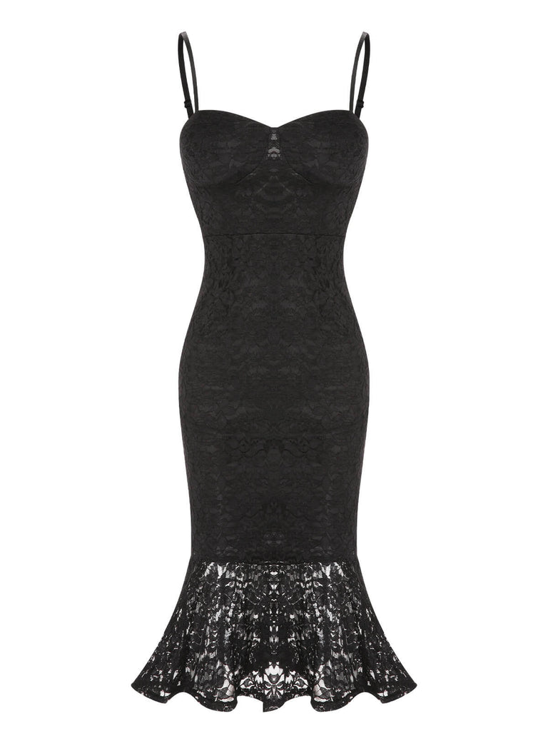 Schwarz 1930er Spitze Spaghetti Träger Meerjungfrau Kleid