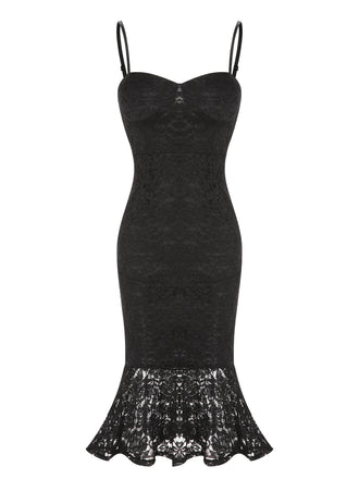 Schwarz 1930er Spitze Spaghetti Träger Meerjungfrau Kleid