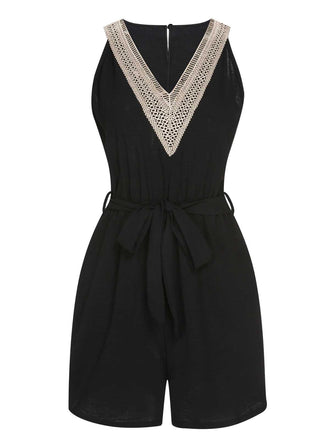 Schwarz 1960er V-Ausschnitt Gürtel Romper