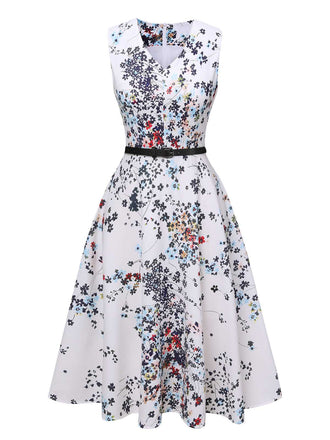 Weiß 1940er V-Ausschnitt Blumen Ärmelloses Kleid mit Gürtel (Copy)