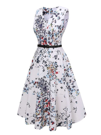 Weiß 1940er V-Ausschnitt Blumen Ärmelloses Kleid mit Gürtel (Copy)