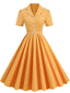 Gelb 1950er Revers Mit Gürtel Einfarbiges Kleid