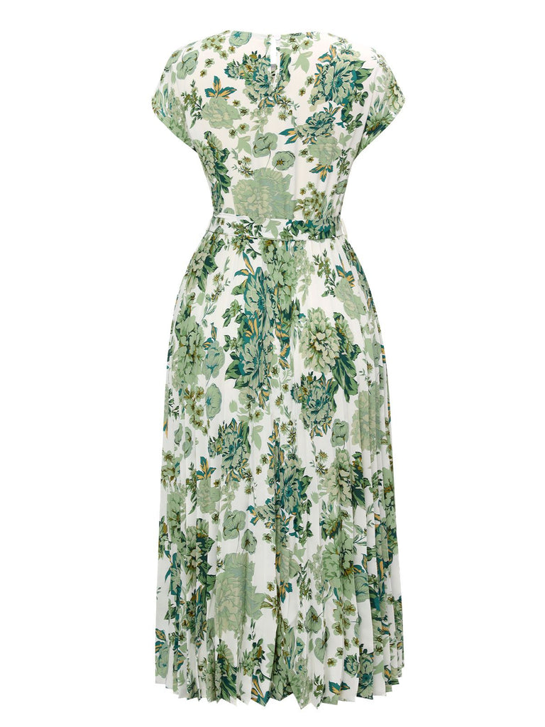 Grün 1940er Blumen Kleid mit Bindegürtel