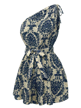 Blau 1950er Blumen Print Eine Schulter Romper
