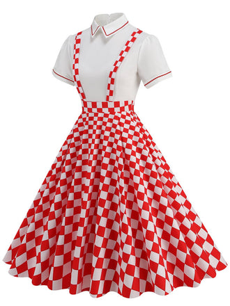 1950er Patchwork Revers Kragen Kleid