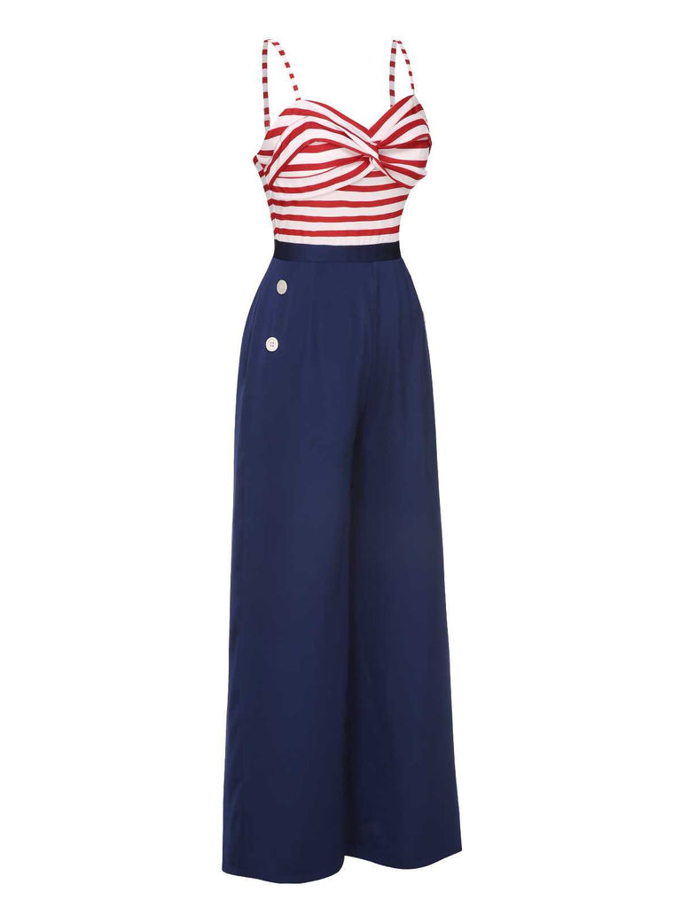 Dunkelblau 1930er Spaghetti Träger Streifen Jumpsuit
