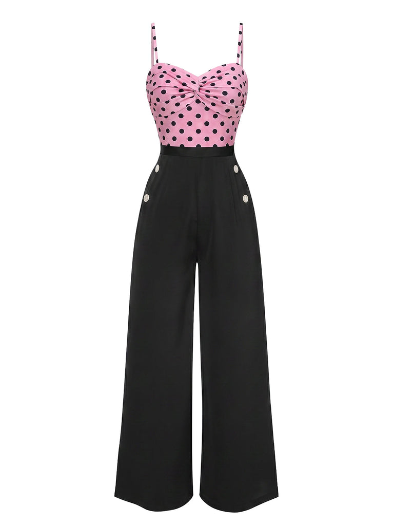 Schwarzer & Rosa 30er Jumpsuit mit Spaghettiträger und Polka-Dots