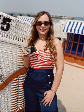 Dunkelblau 1930er Spaghetti Träger Streifen Jumpsuit