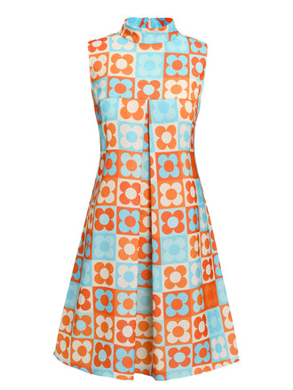 Orange & Blau 1960er Blume Stehkragen Kleid