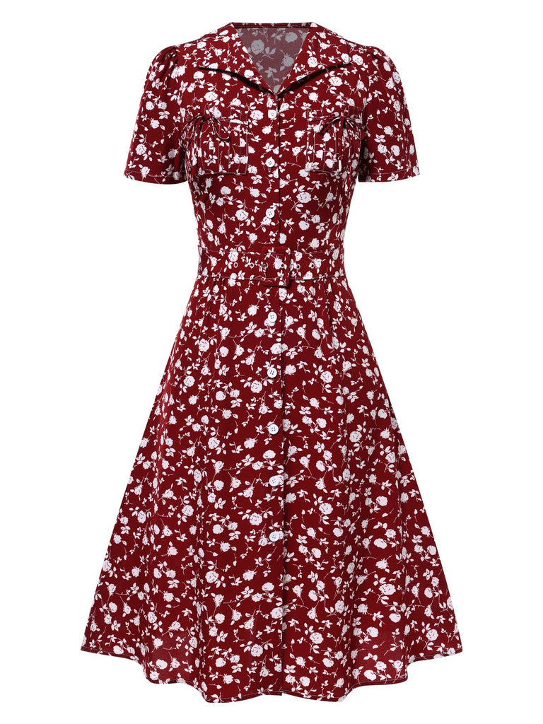 Rot 1950er Revers Knöpfen Blümchen Kleid