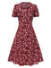 Rot 1950er Revers Knöpfen Blümchen Kleid