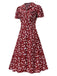 Rot 1950er Revers Knöpfen Blümchen Kleid
