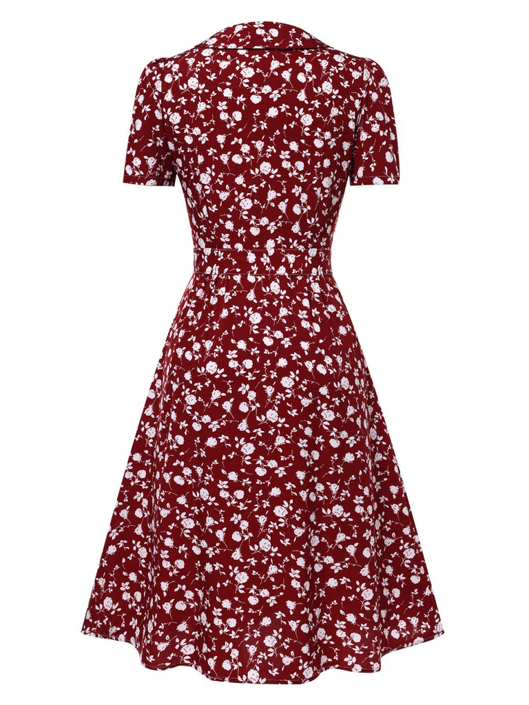 Rot 1950er Revers Knöpfen Blümchen Kleid