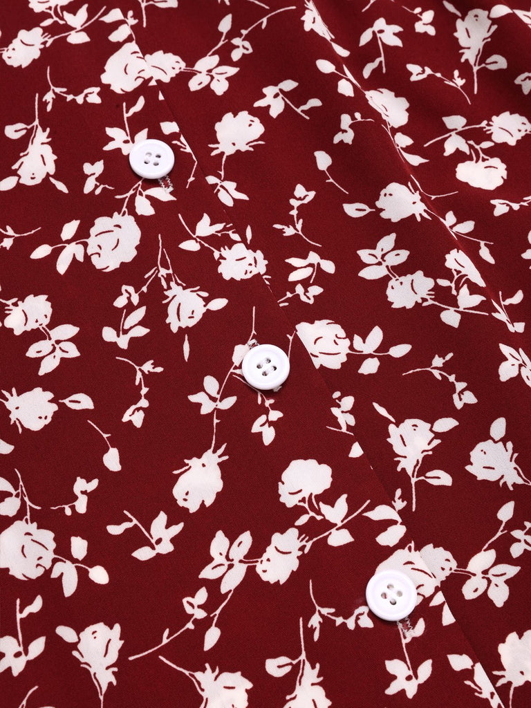 Rot 1950er Revers Knöpfen Blümchen Kleid