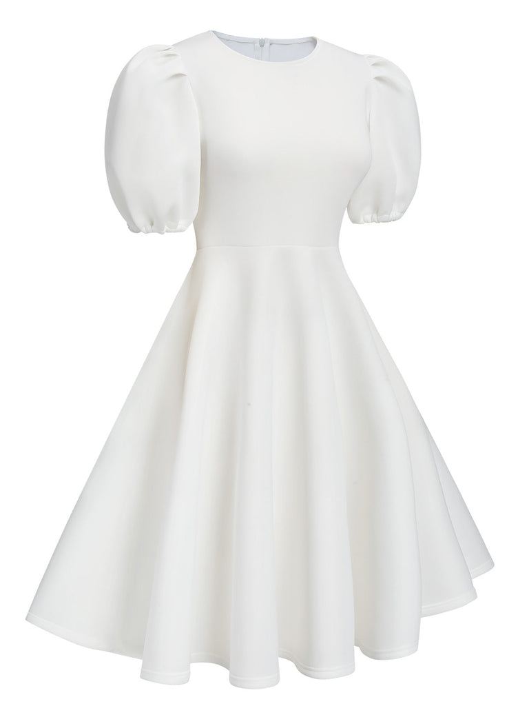 1950er Rundhals Puffärmel A-Line Kleid