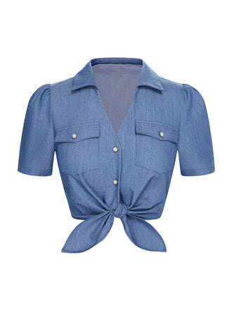 Blau 1950er Solide Reversbluse mit Taillenschnürung