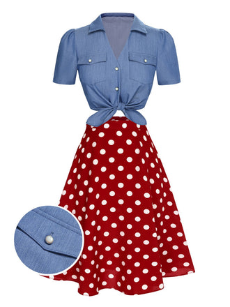2PCS 1950er Solide Bluse & Polka Dots Rock