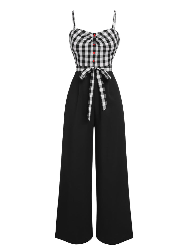 Schwarz 1940er Plaid Patchwork Hosenträger Jumpsuit