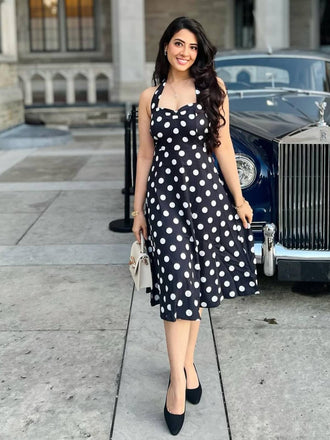 Schwarz 1950er Halter Kontrast Tupfen Gürtel Kleid