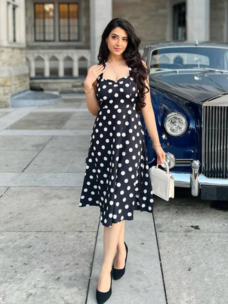 Schwarz 1950er Halter Kontrast Tupfen Gürtel Kleid