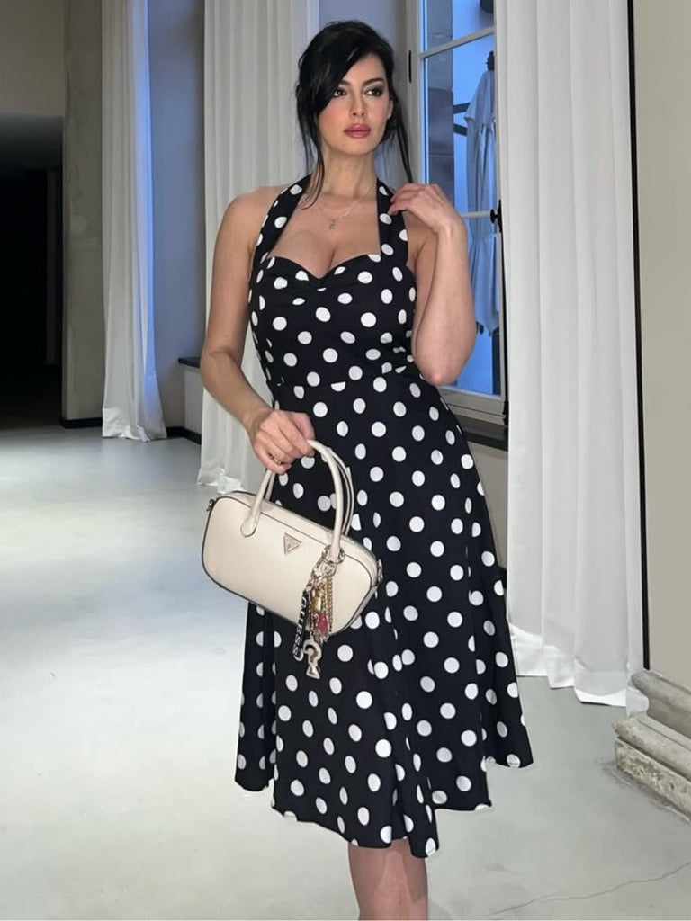 Schwarz 1950er Halter Kontrast Tupfen Gürtel Kleid