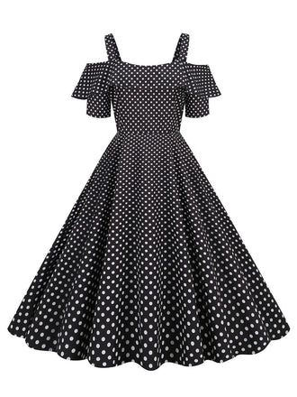 1950er Schulterfreies Polka Dots Kleid