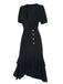 Schwarz 1940er V-Ausschnitt Unregelmäßiger Saum Knopf Kleid