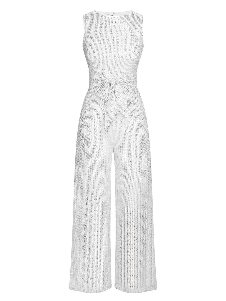 Silber 1930er Solide Pailletten Rückenfrei Jumpsuit