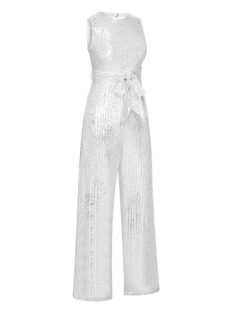 Silber 1930er Solide Pailletten Rückenfrei Jumpsuit