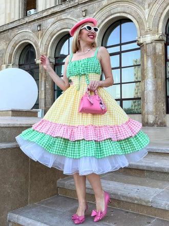 Multicolor 1950er Baumwolle Breit-Träger Plaid Patchwork Kleid