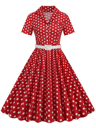 1950er Polka Dots Revers Swing Kleid mit Gürtel