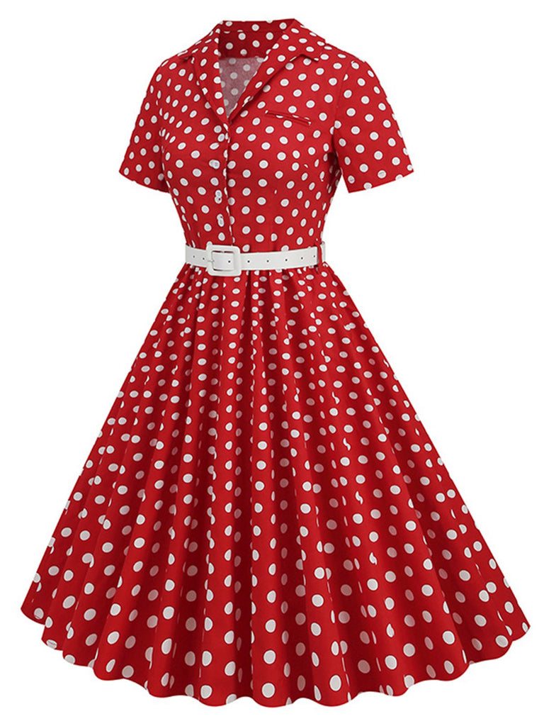 1950er Polka Dots Revers Swing Kleid mit Gürtel