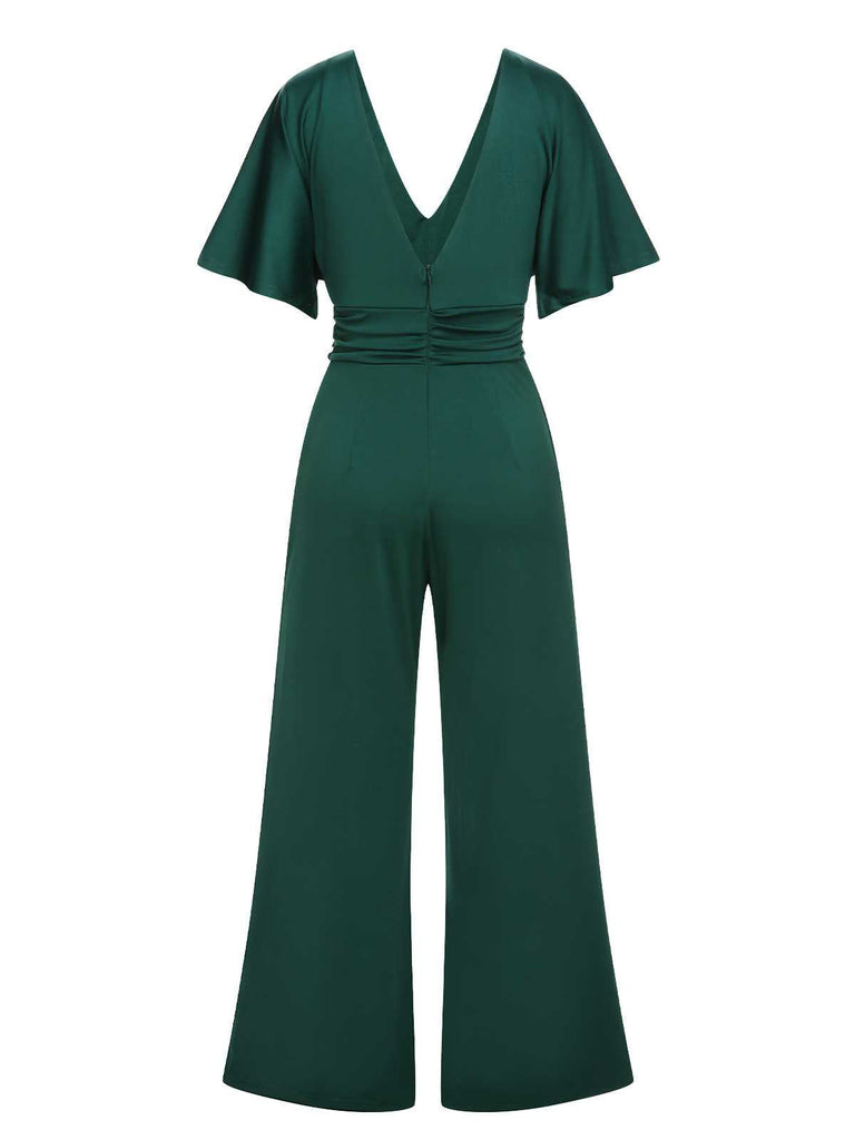 Grün 1960er V-Ausschnitt Hohe-Taille Wide-Leg Jumpsuit