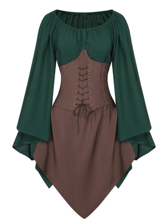 Braun 1950er Halloween Hexen Vampir Fledermausärmel Patchwork Kleid